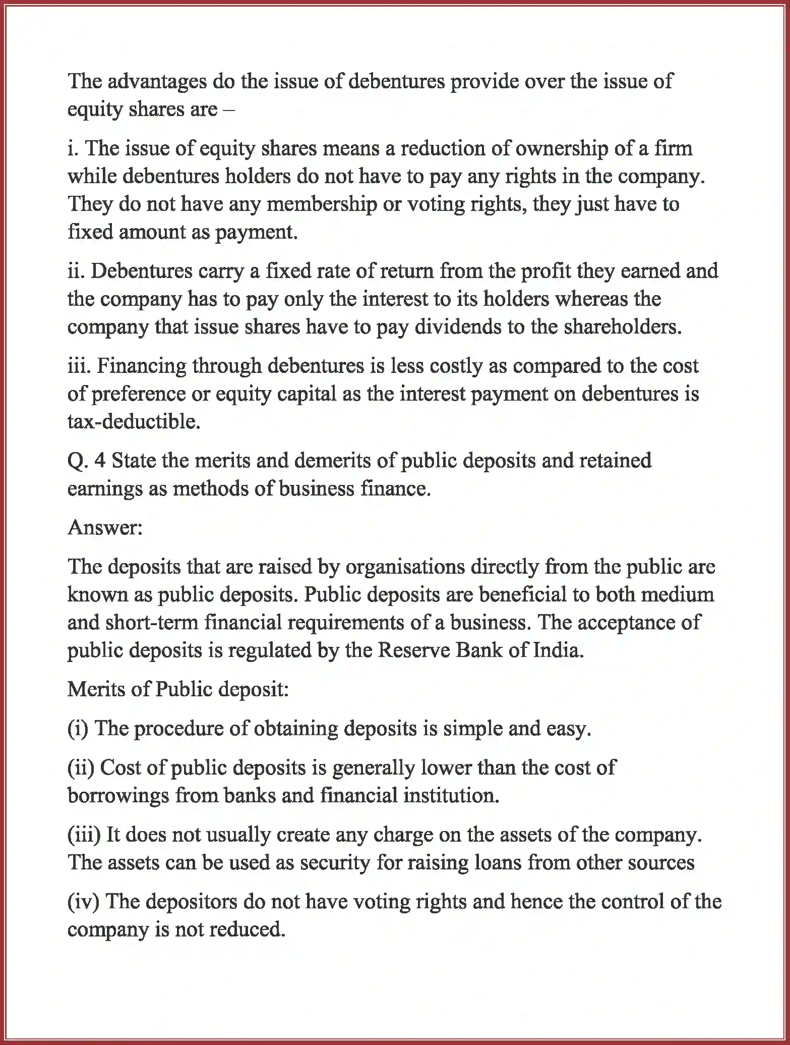 Class 11 Business Studies Sources of Business Finance Solution