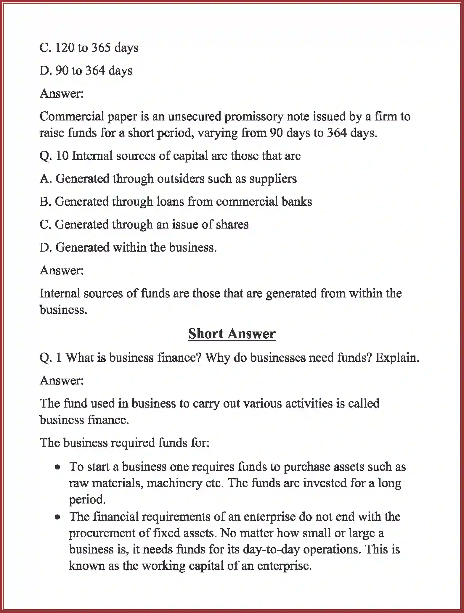 Class 11 Business Studies Sources of Business Finance Solution