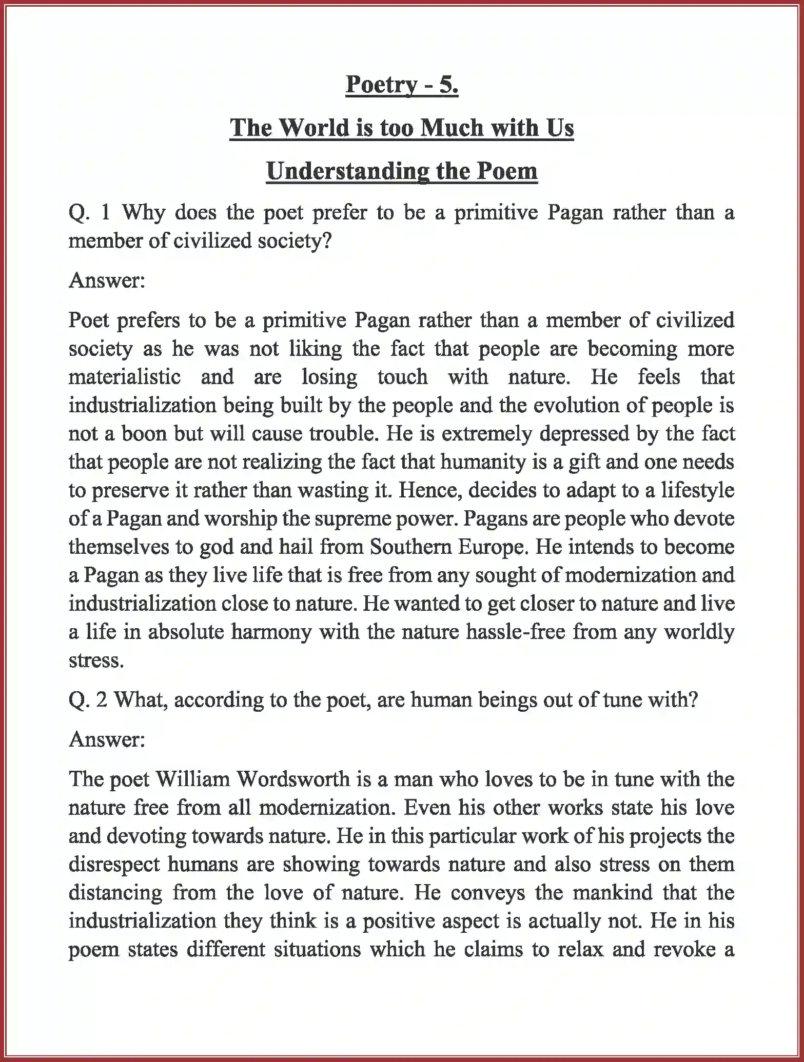 Class 11 English Woven Words Poetry The World is too Much With Us Solution